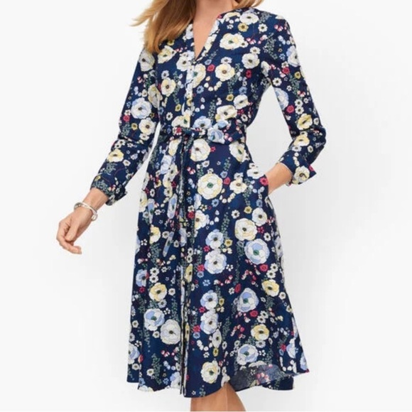 Talbots Falling Blossoms Belted Button Front Cotton Shirt Dress